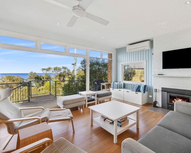 The living space with a sea view at Saltwater one of the best Airbnb accommodation options Lorne