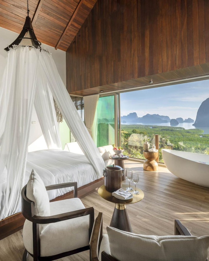 A room with an outdoor bath overlooking the bay at Sametnangshe Boutique one of the best resorts in Thailand