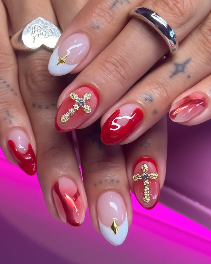 Romantic red, white and gold tips by Savage Nails. 