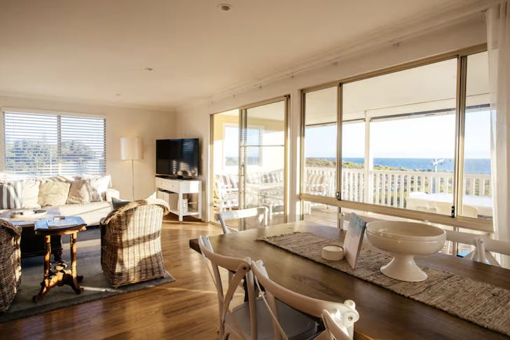 Living room at sandy beach lane house with ocean view