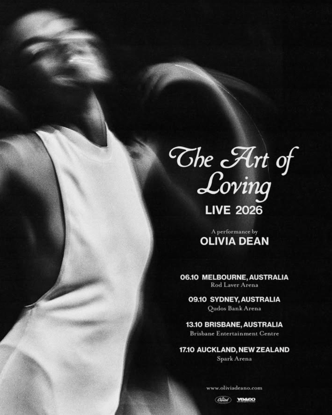 An Olivia Dean tour poster that states the name of the album she will be touring, 'The Art of Loving', and the dates she will be performing in Australia and New Zealand.