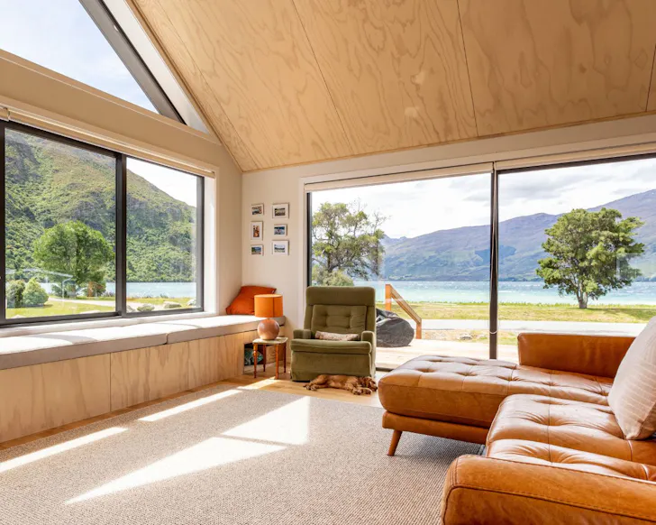 The living space at Sensational Wakatipu best lakefront Airbnbs NZ