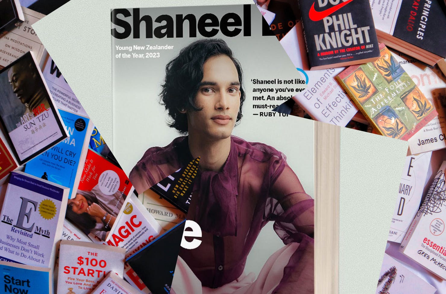 A collage image of Shaneel Lal's book over lots of other books.