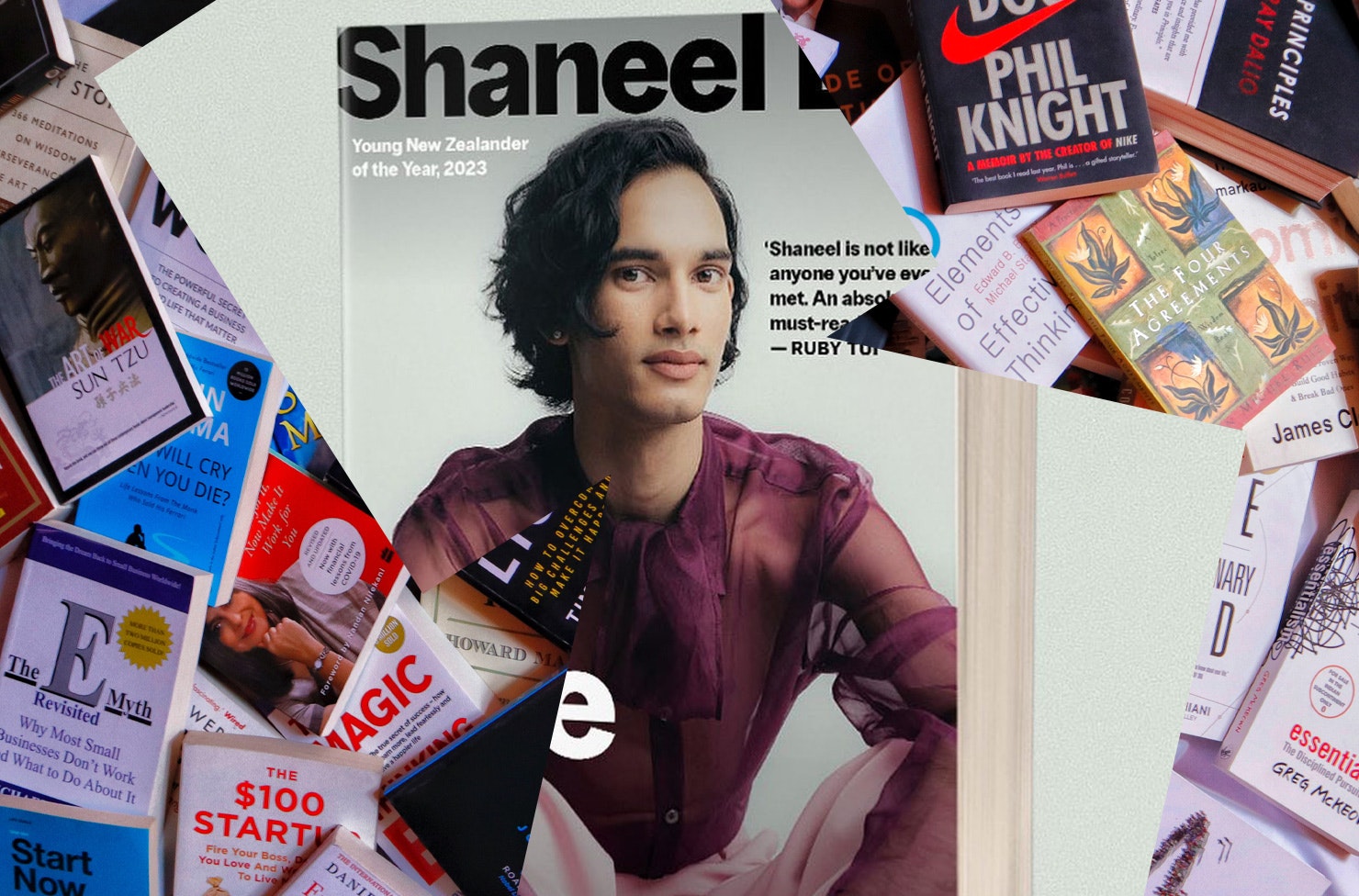 A collage image of Shaneel Lal's book over lots of other books.