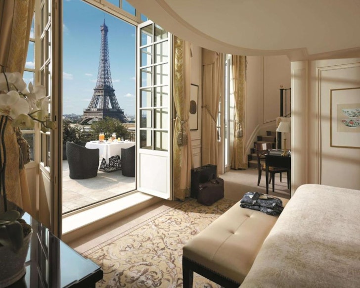 A room with a view of the Eiffel Tower at Shangri-La Paris one of the best luxury hotels Paris