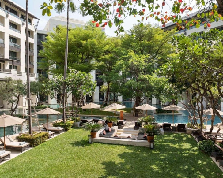 A view of the garden at Siam Kempinski Hotel Bangkok one of the best hotels in Bangkok