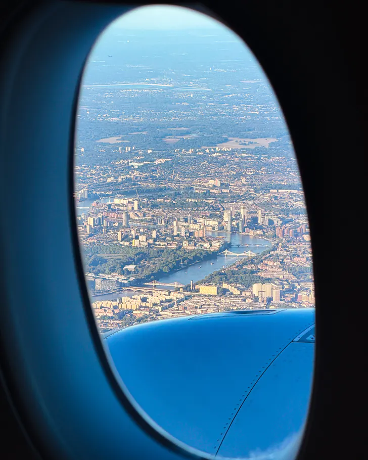 Singapore Airlines premium economy window view over London