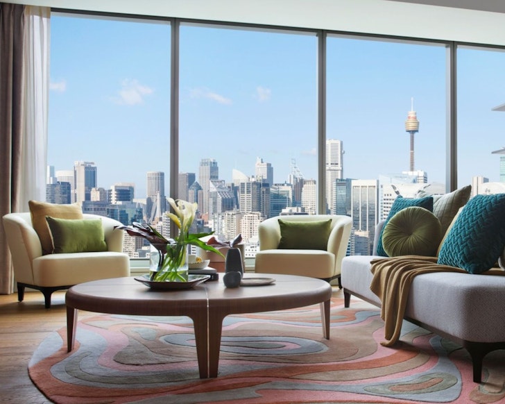 A room with a view of Sydney city skyline at Sofitel Darling Harbour one of the best hotels in Australia