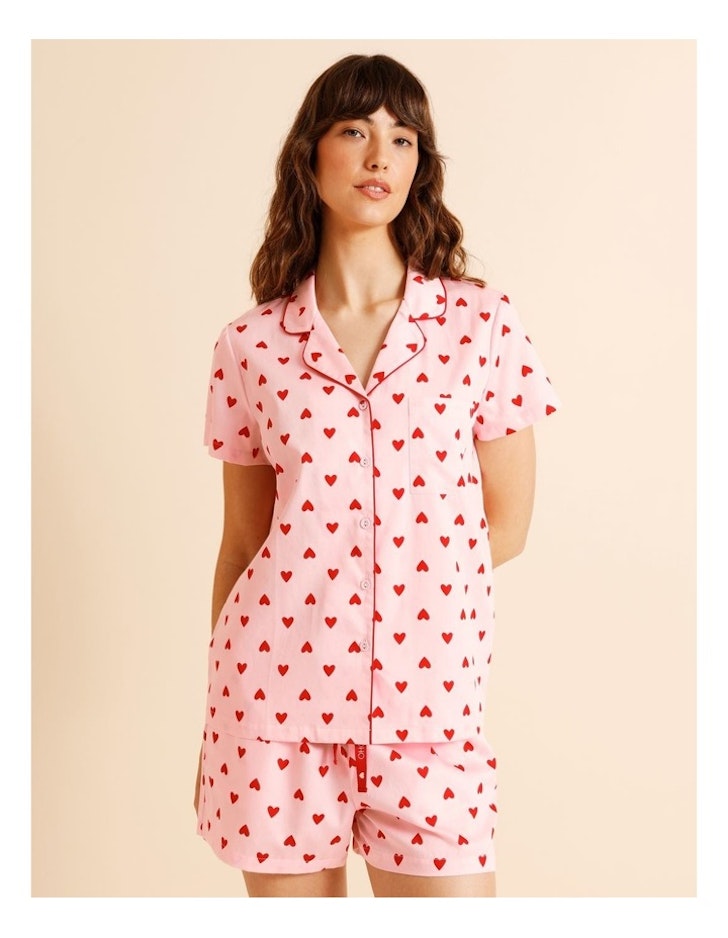Soho Core Cotton Sateen Short Sleeve Short PJ Set in Pink Heart Print