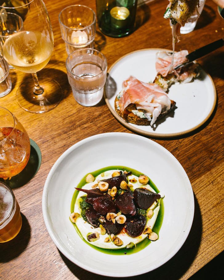 Plates of food on table.