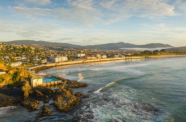 An aerial view of St Clair beach as the sun rises