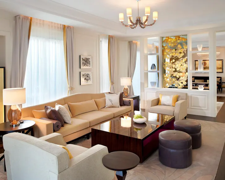 A beautiful, light-filled hotel room with city views at St. Regis in Osaka. 
