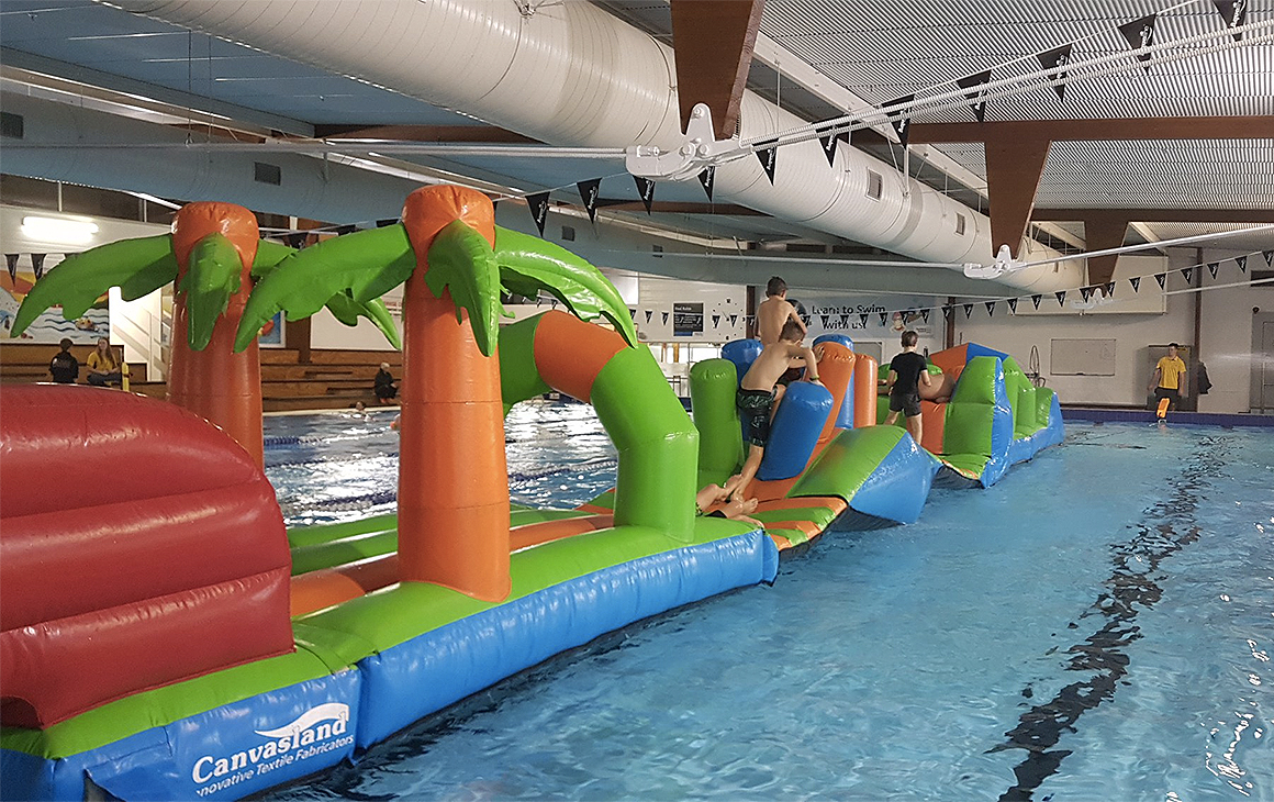 The aqua run at Stanmore Bay Pool and leisure centre being put through its paces.