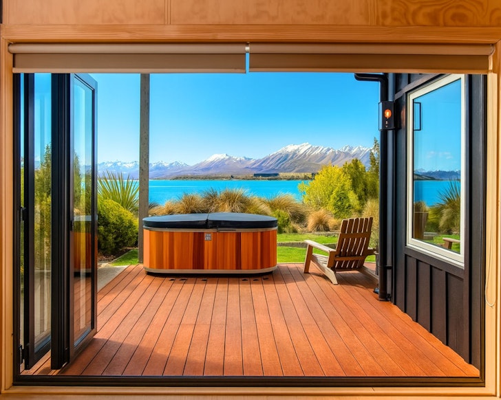 The outdoor bath with a lake view at Stargazer’s Luxury Retreat Airbnb New Zealand