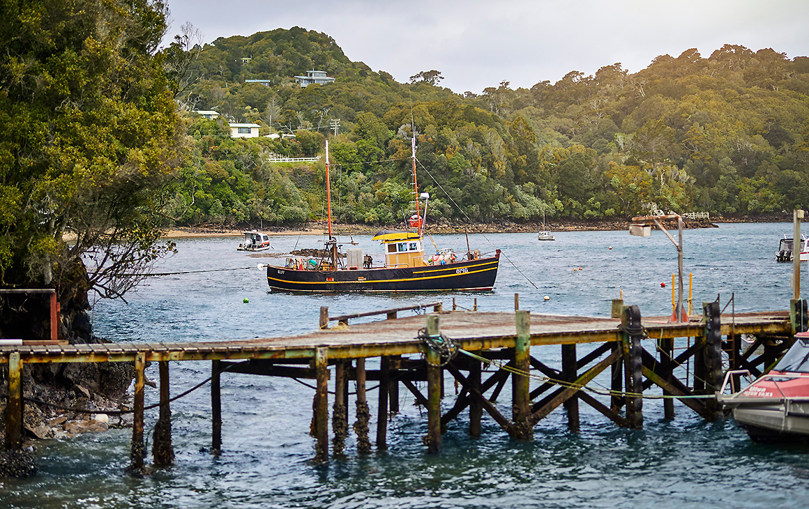 A view of Stewart Island showing a pier with an old ship in the background.