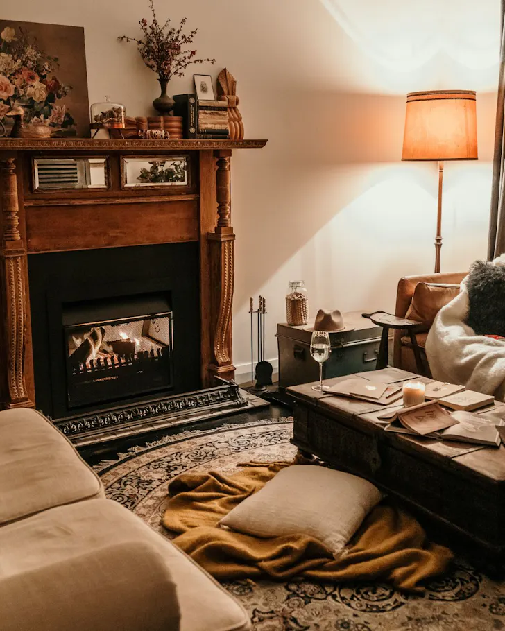 The lounge and fire at Storytellers Rest best winter WA cabins and cottages