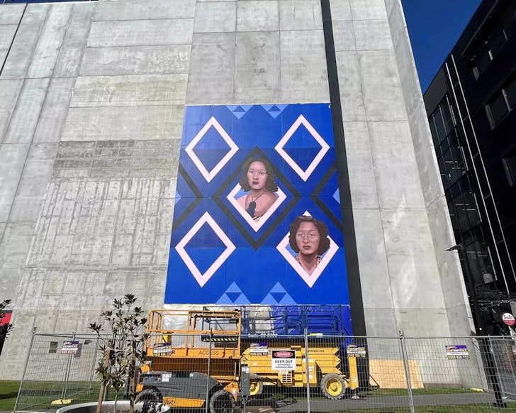 A vibrant, Maori-inspired mural adorns a building in Christchurch. 