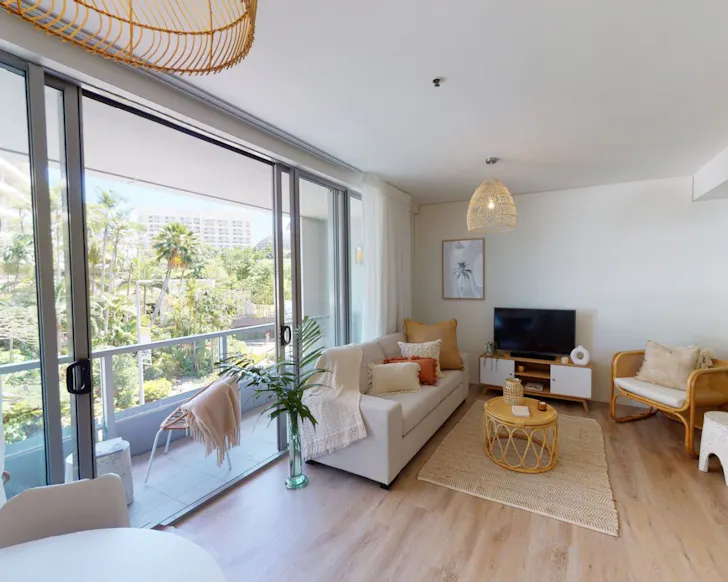 The living space at Stunning Waterfront Apartment best Airbnbs Cairns