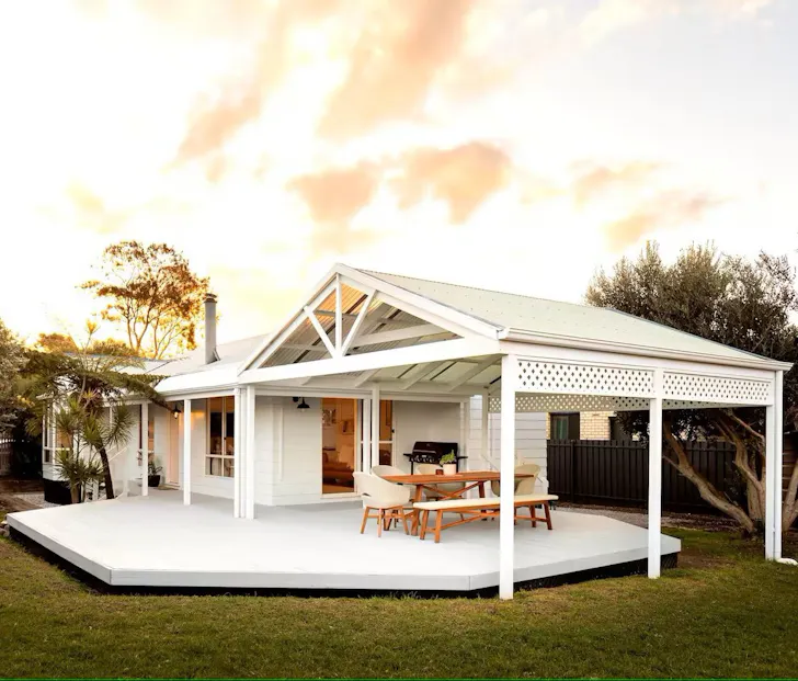 The view of the deck and backyard at Summer House best kid-friendly Airbnbs Australia