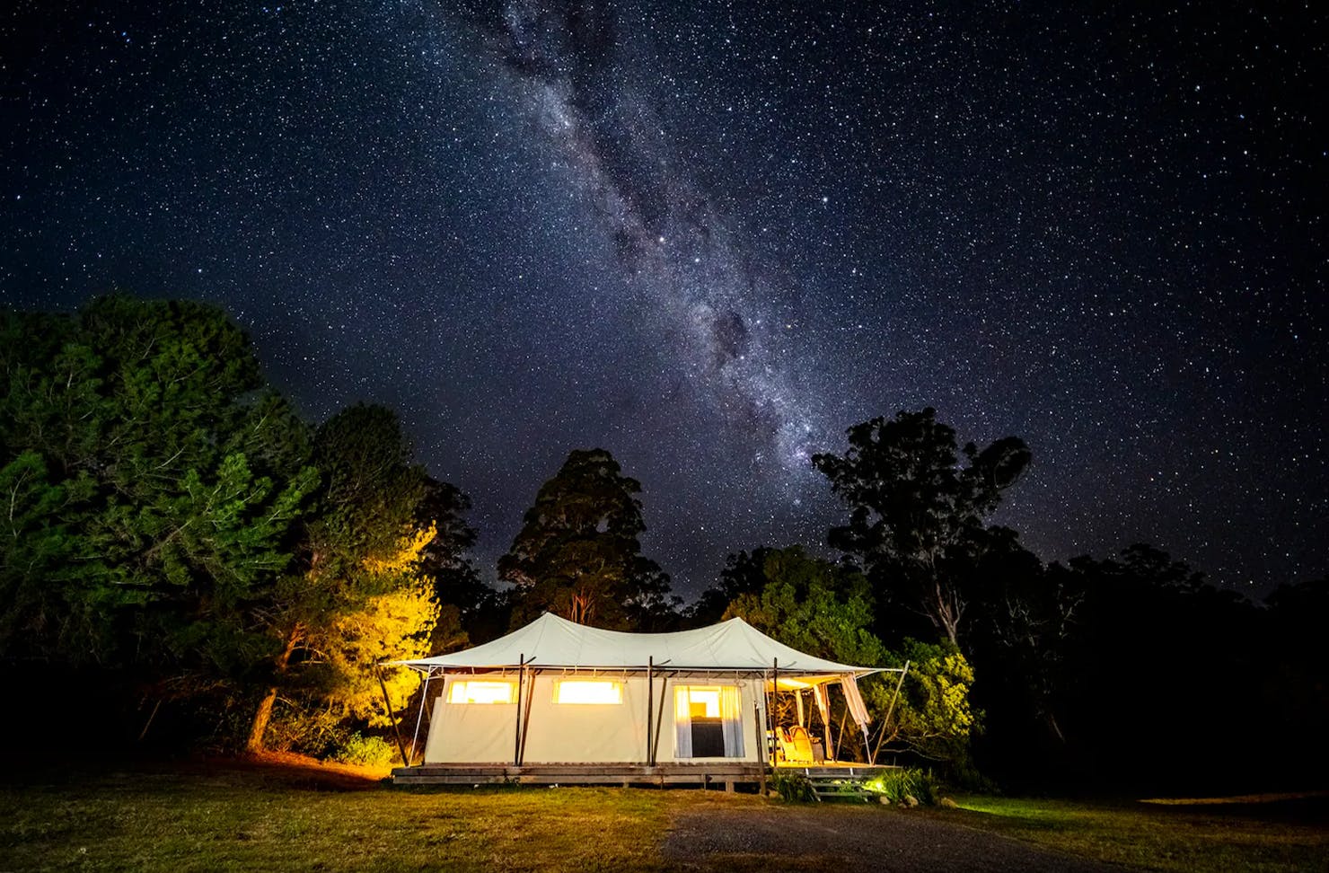 a glamping tent under the stars