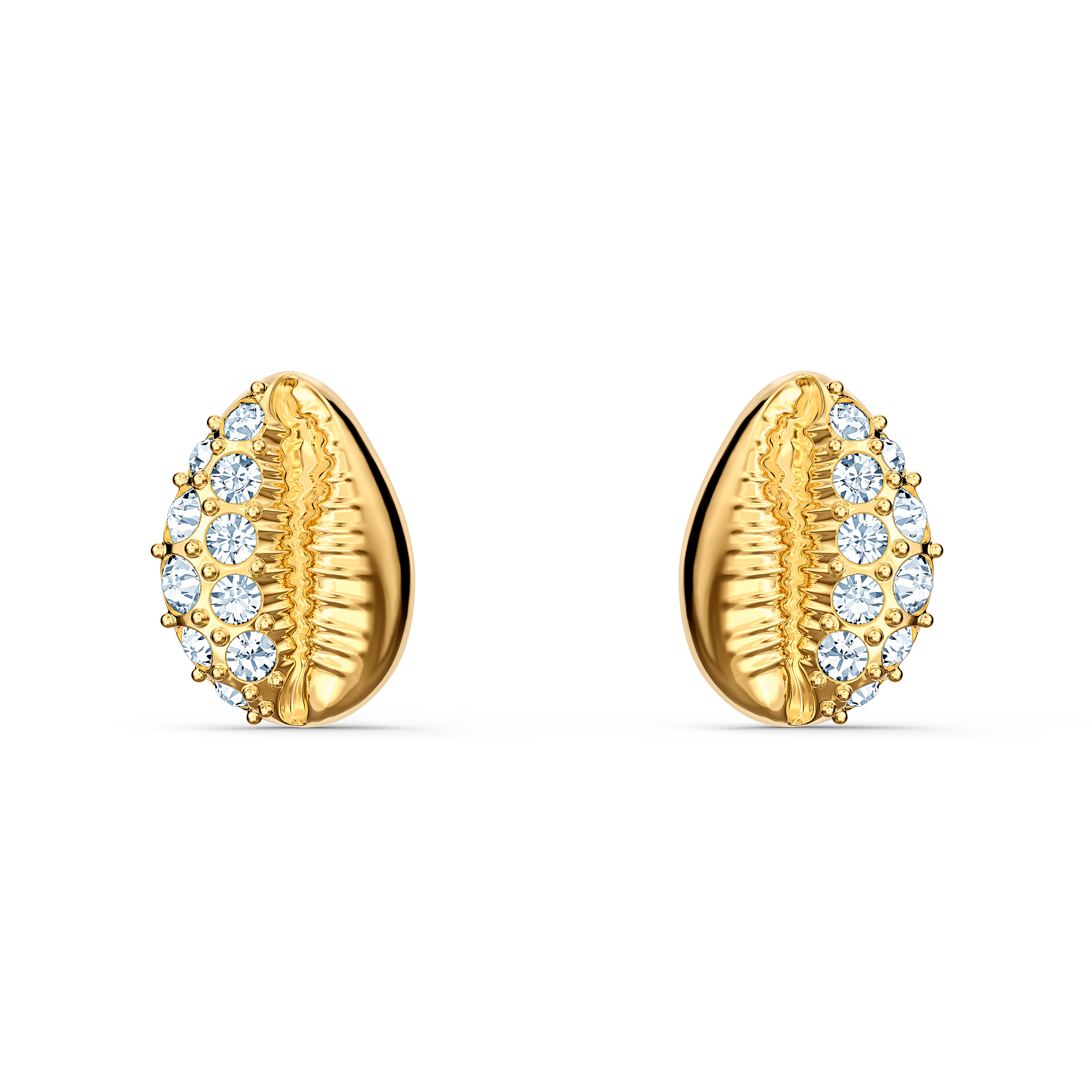 Dazzling gold shell stud earrings with Swarovski crystals.