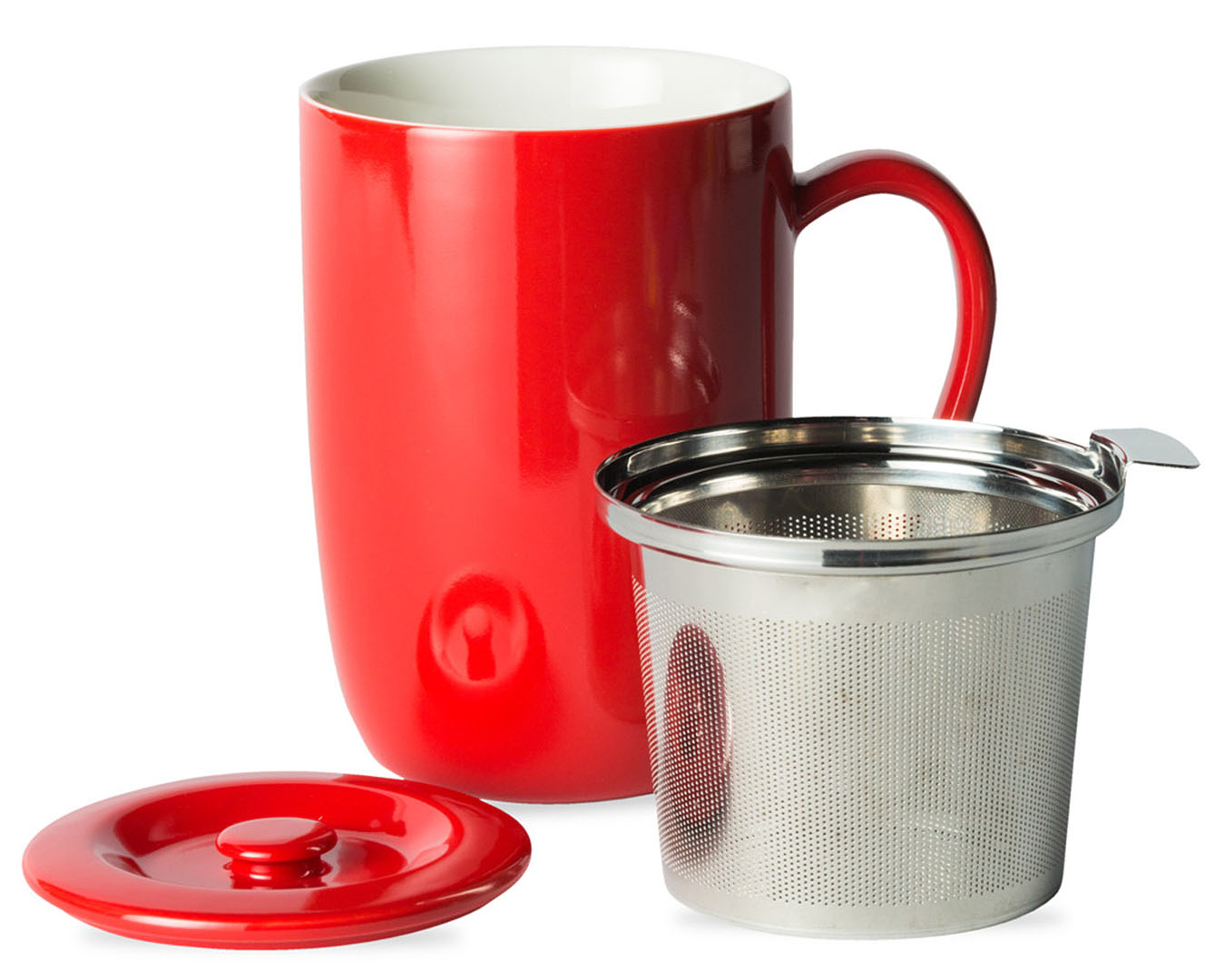 A cute T2 Red mug with infuser and lid.