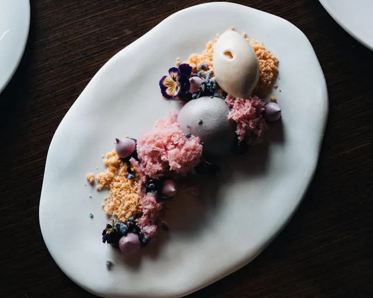 White plate of dessert captured from above