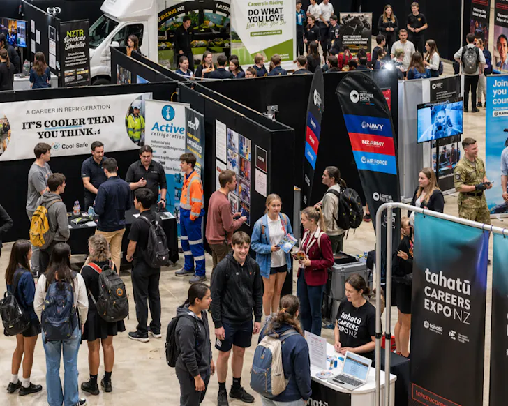 A bunch of students among the stalls at a careers expo. 