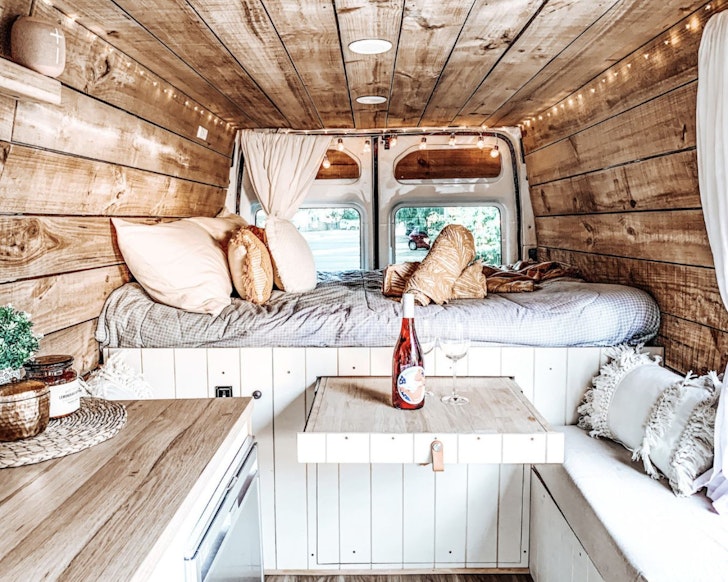 The wood panelled interior at Tallulah best pet-friendly campervan hire Perth WA