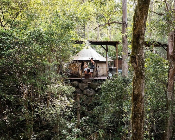 A tent surrounded by trees at Tamborine Mountain Glades Woodlands Glamping one of the best romantic getaways Gold Coast