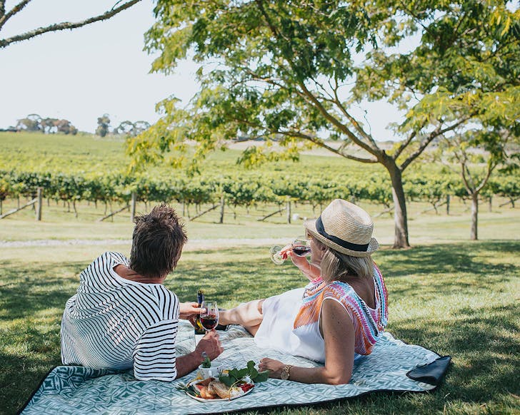 Two people enjoy a picnic with wine at Te Awanga Estate in Hawke's Bay.