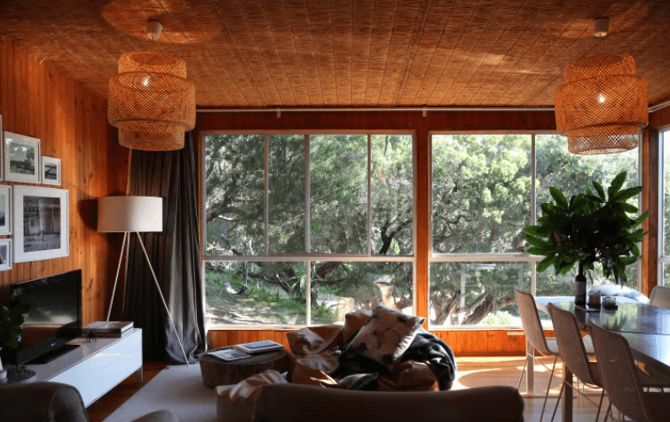 The inside of a 70s style at one of the best romantic getaway Victoria has.