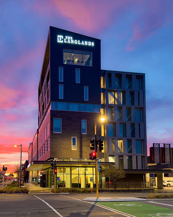 The imposing Langlands Hotel is seen at dusk.