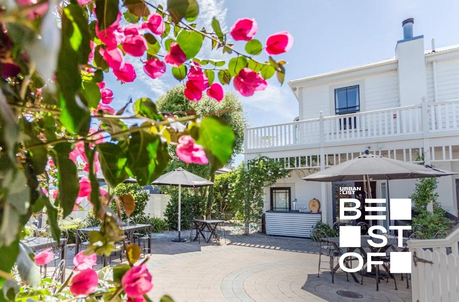 The exterior of the Martinborough Hotel with lovely flowers. One of the best places to stay in Martinborough.