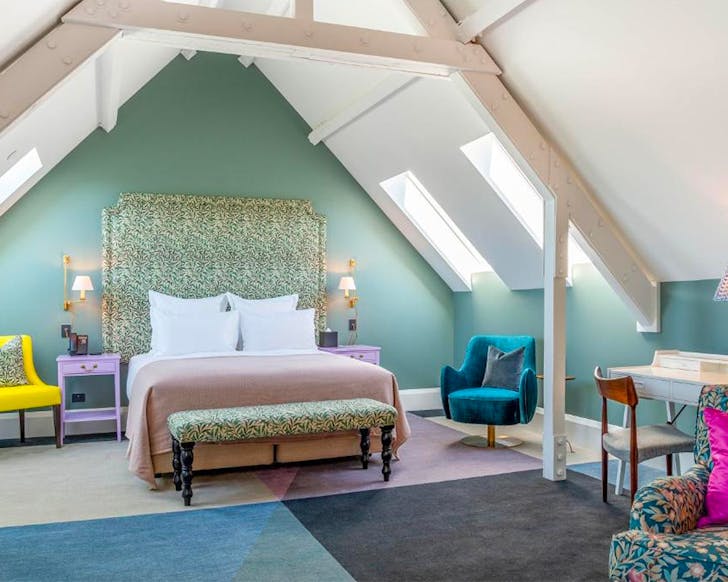 A light and bright room in the eaves of the glorious Observatory Hotel in Christchurch.