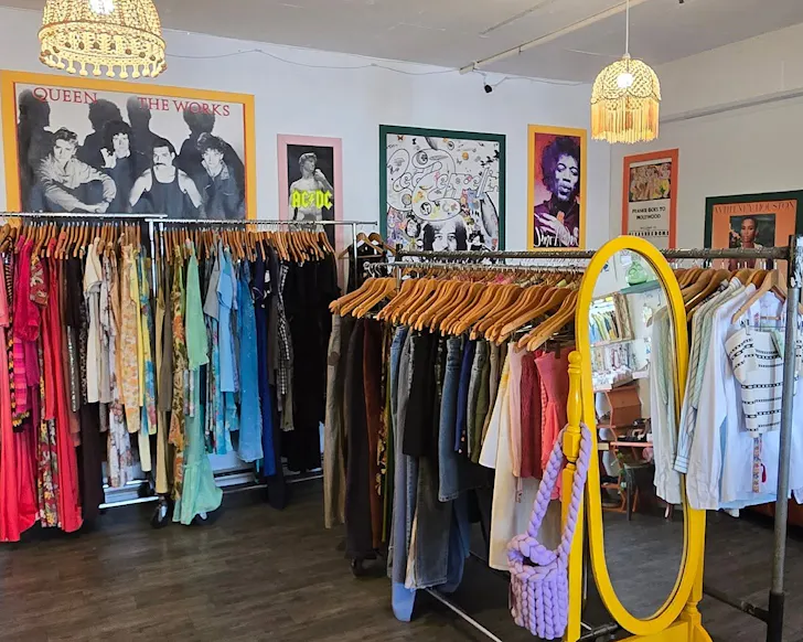 Colourful vintage clothing racks at The Guru Knows.