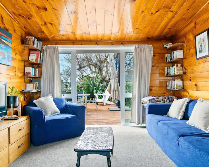 The cosy living space at The Art House on Sunset best pet-friendly accommodation New Zealand