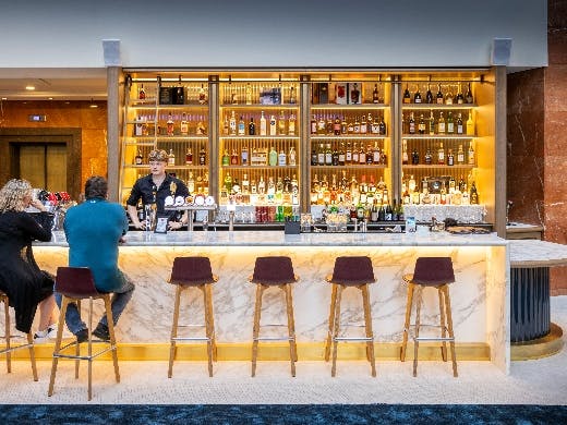 Two people seated at a marble bar with massive shelves laden with liquor behind it