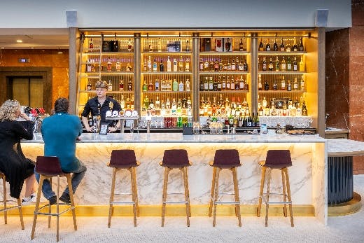 Two people seated at a marble bar with massive shelves laden with liquor behind it