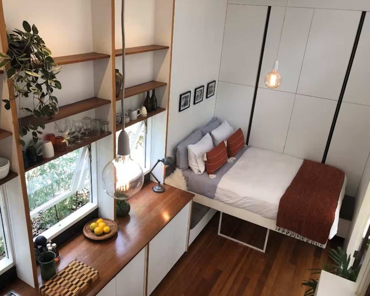 A view of the bed inside The Bower tiny home in South East Queensland