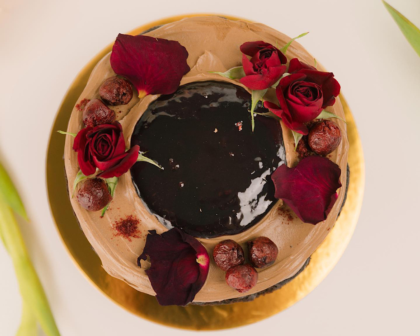 The Caker’s gluten-free dark chocolate cherry Pinot noir cake by Jenna Baydee. 