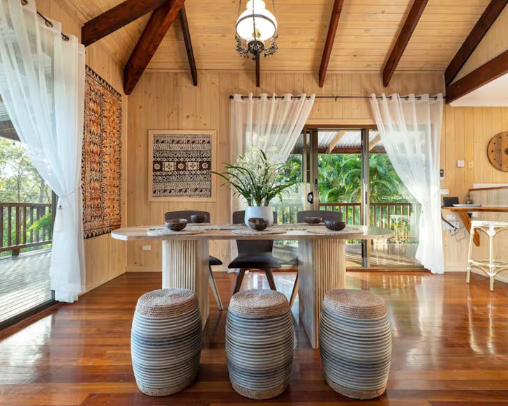 The Fijian-style interior of The Forest Bure large group Airbnb near Sunshine Coast