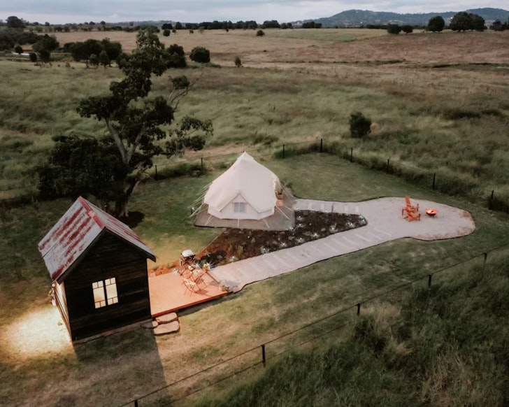 An aerial view of the tent and outhouse at The Forager at Twigley Farm one of the best farm stays near Brisbane