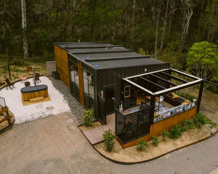 An exterior view of The Hideaway tiny home Airbnb one of the best stays in the Southern Highlands NSW