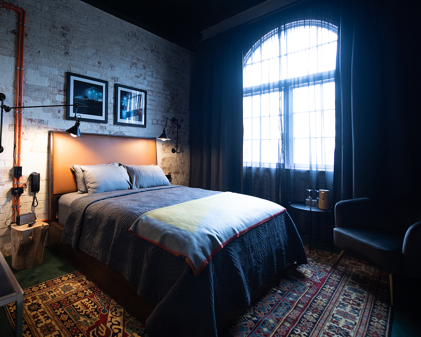 An urban looking bedroom at The Intrepid Hotel in Wellington.