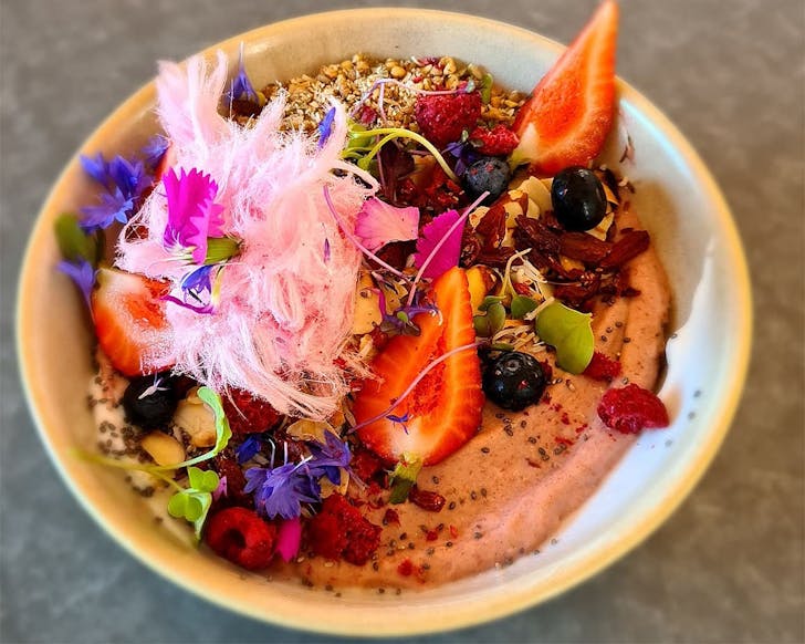 An amazingly bright smoothie bowl from The Kirk Cafe in Hamilton.
