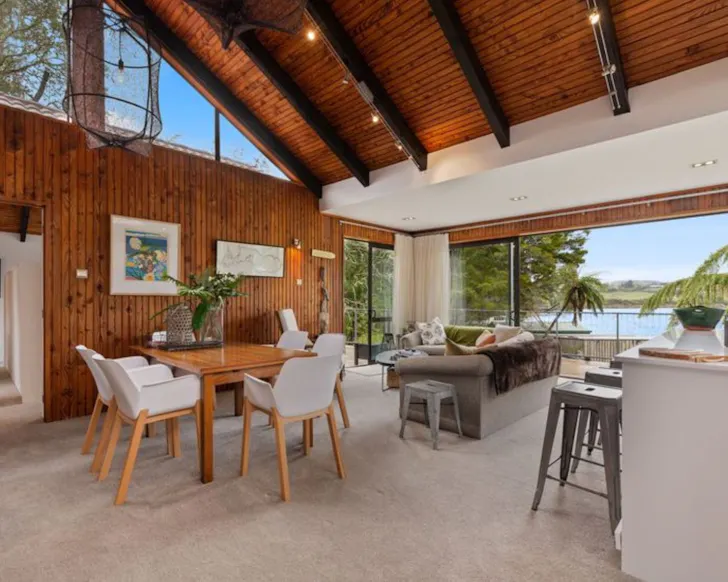 The living space at The Lakes Edge lakefront Airbnb NZ