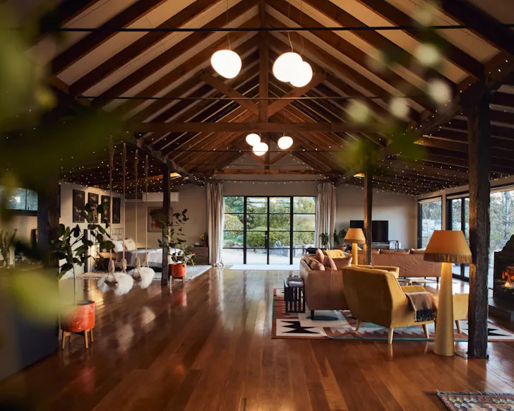The living space with its fairy lights at The Machinery Shed, NSW