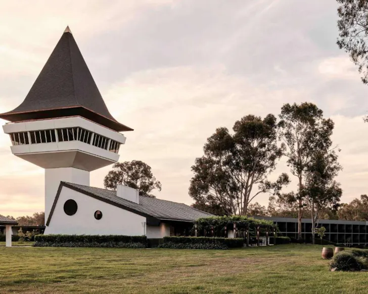 A view of the striking architecture of The Mitchelton Hotel one of the best winery stays Victoria