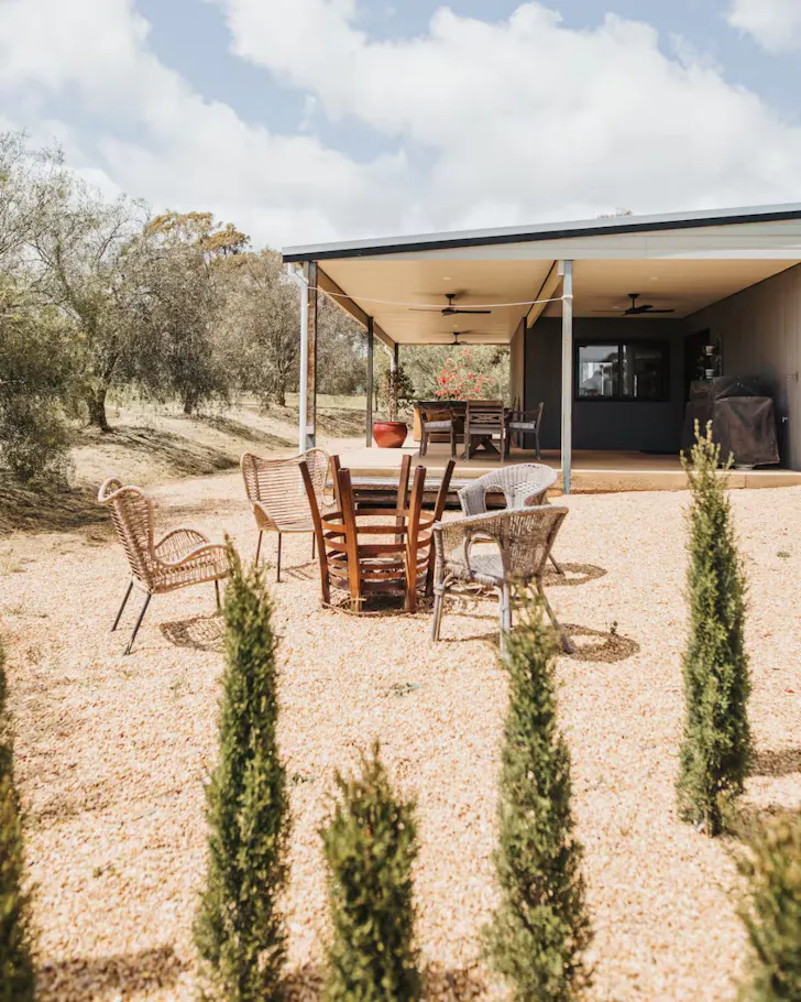 A view of the fire pit and outdoor space at The Olive Farm one of the best Clare Valley accommodation options